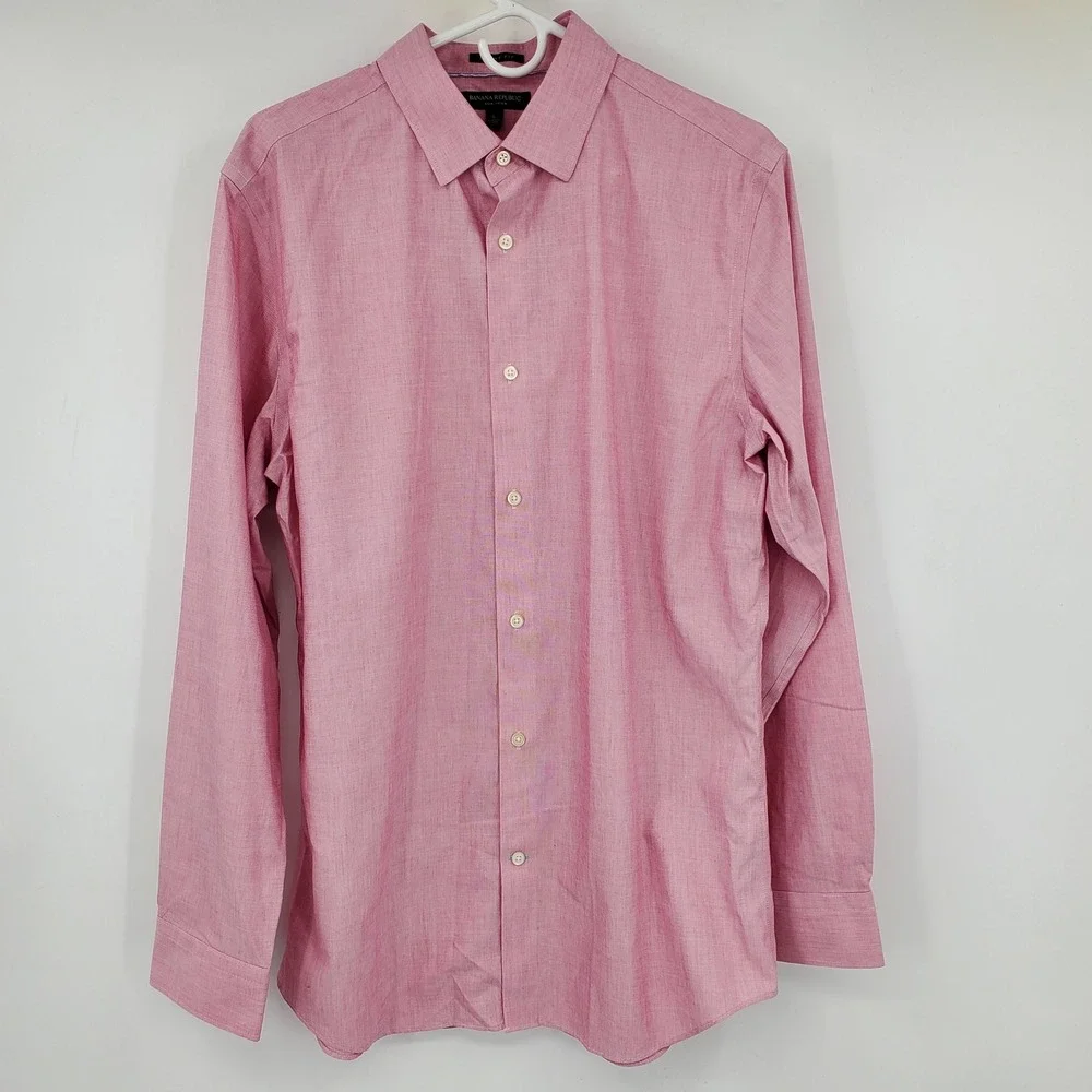 Banana Republic Mens Grant Fit Non-Iron Cotton Button Shirt Pink L 16-16.5 Prep